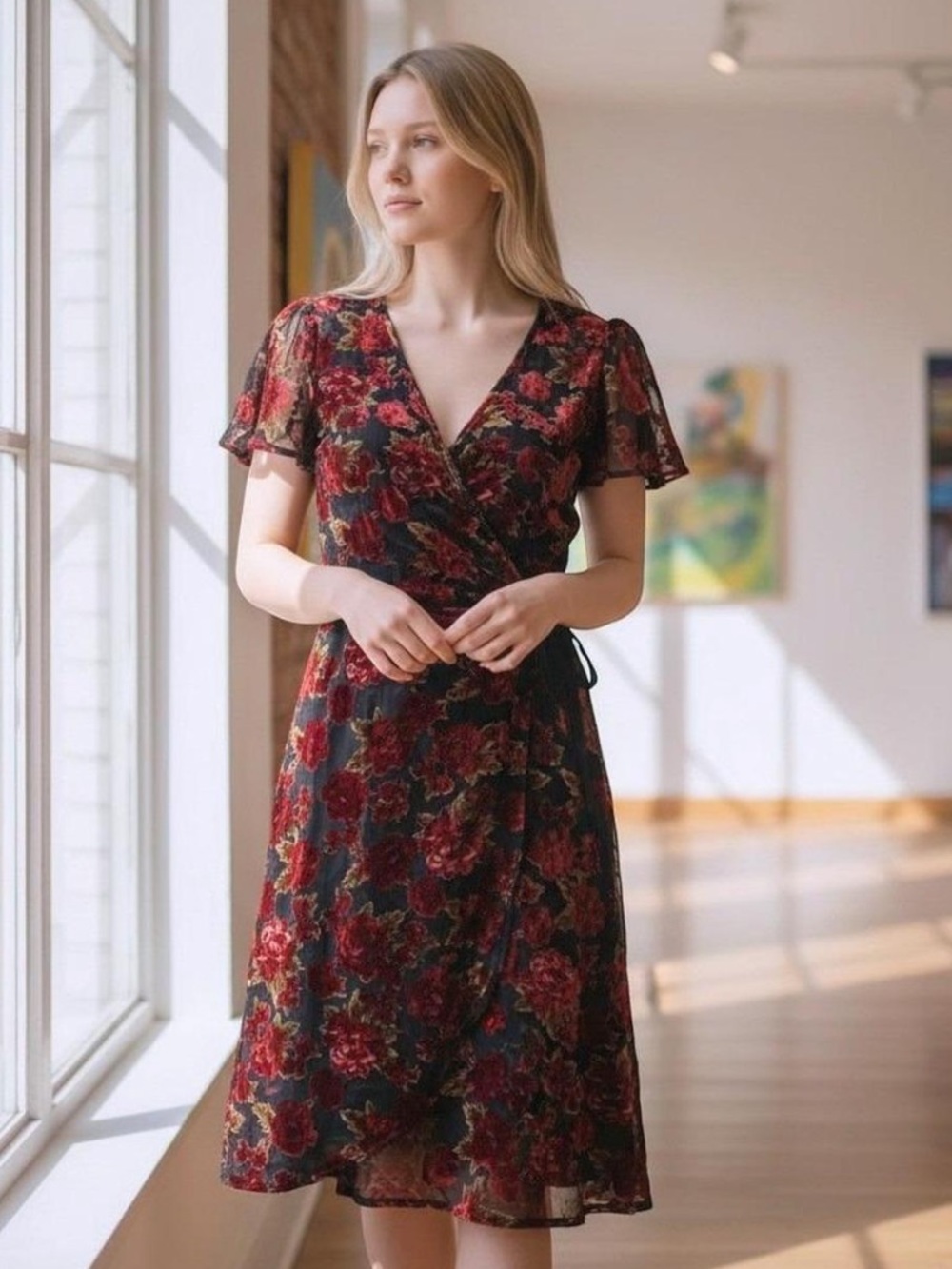 Band of Gypsies Velvet Burnout Floral Wrap Dress Red & Black V Neck Romantic XS